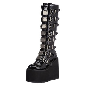 Lakovaná 14 cm SWING-815 alternativní kozačky platformě přezky cerny
