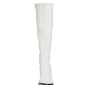 Bílé lakované kozačky blokový podpatek 7,5 cm - 70 léta hippie disco gogo - kozačky pod kolena