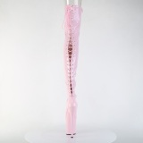 Lakovaná 20 cm FLAMINGO-3850 Růžový kozačky nad kolena šněrovací