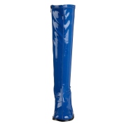 Modré lakované kozačky blokový podpatek 7,5 cm - 70 léta hippie disco gogo - kozačky pod kolena
