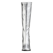 Stříbrné vinyl kozačky blokový podpatek 7,5 cm - 70 léta hippie disco gogo - kozačky pod kolena