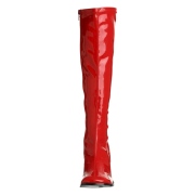 Červené lakované kozačky blokový podpatek 7,5 cm - 70 léta hippie disco gogo - kozačky pod kolena